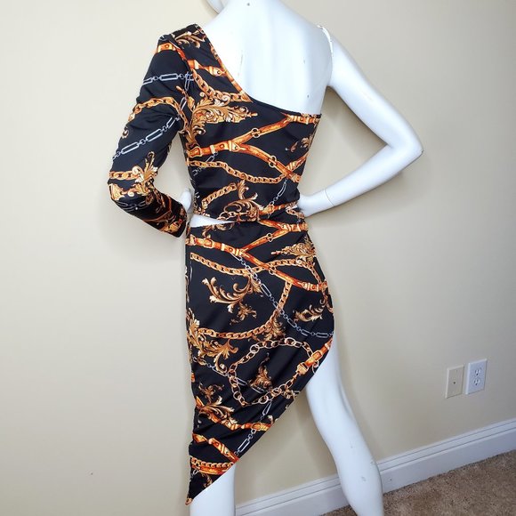 Touch Me Black/Bronze Chain Print One Shoulder Blouse with Asymmetric Skirt SZ L - Picture 6 of 8